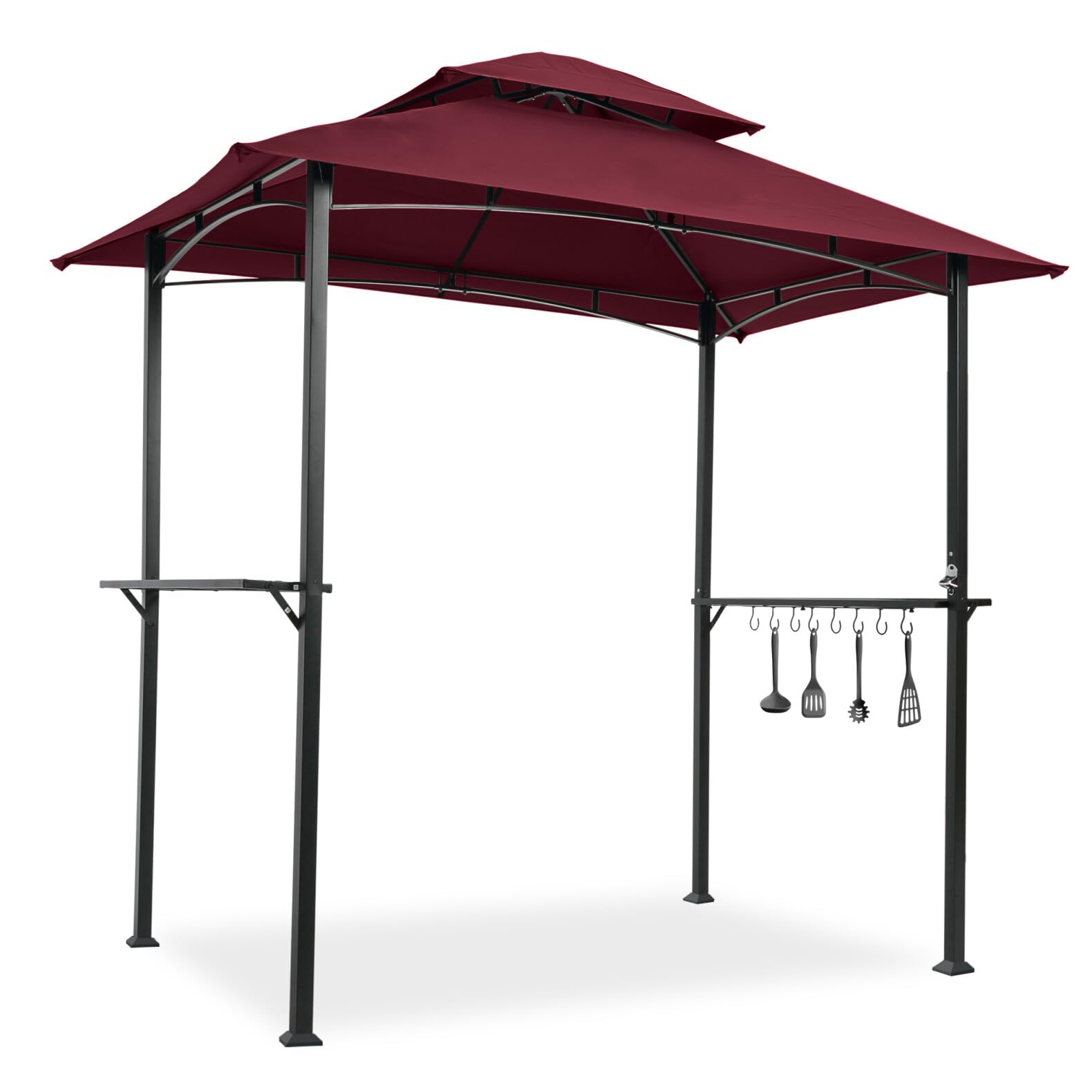 8 x 5 Outdoor Grill Gazebo, Double Tier Grill Canopy with Shelves and Hook, UV Resistant and Waterproof Fabric Grill Awning for Barbecue and Picnic, Burgundy