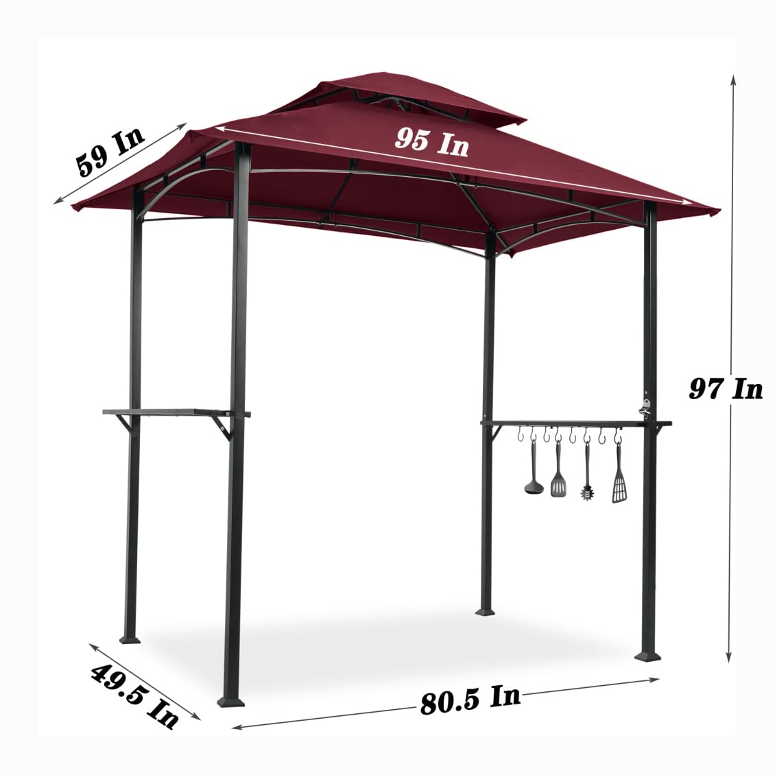 8 x 5 Outdoor Grill Gazebo, Double Tier Grill Canopy with Shelves and Hook, UV Resistant and Waterproof Fabric Grill Awning for Barbecue and Picnic, Burgundy