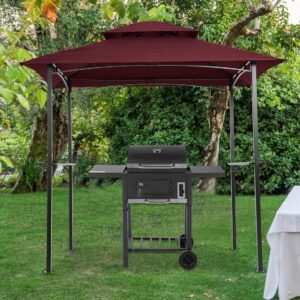 8 x 5 Outdoor Grill Gazebo, Double Tier Grill Canopy with Shelves and Hook, UV Resistant and Waterproof Fabric Grill Awning for Barbecue and Picnic, Burgundy