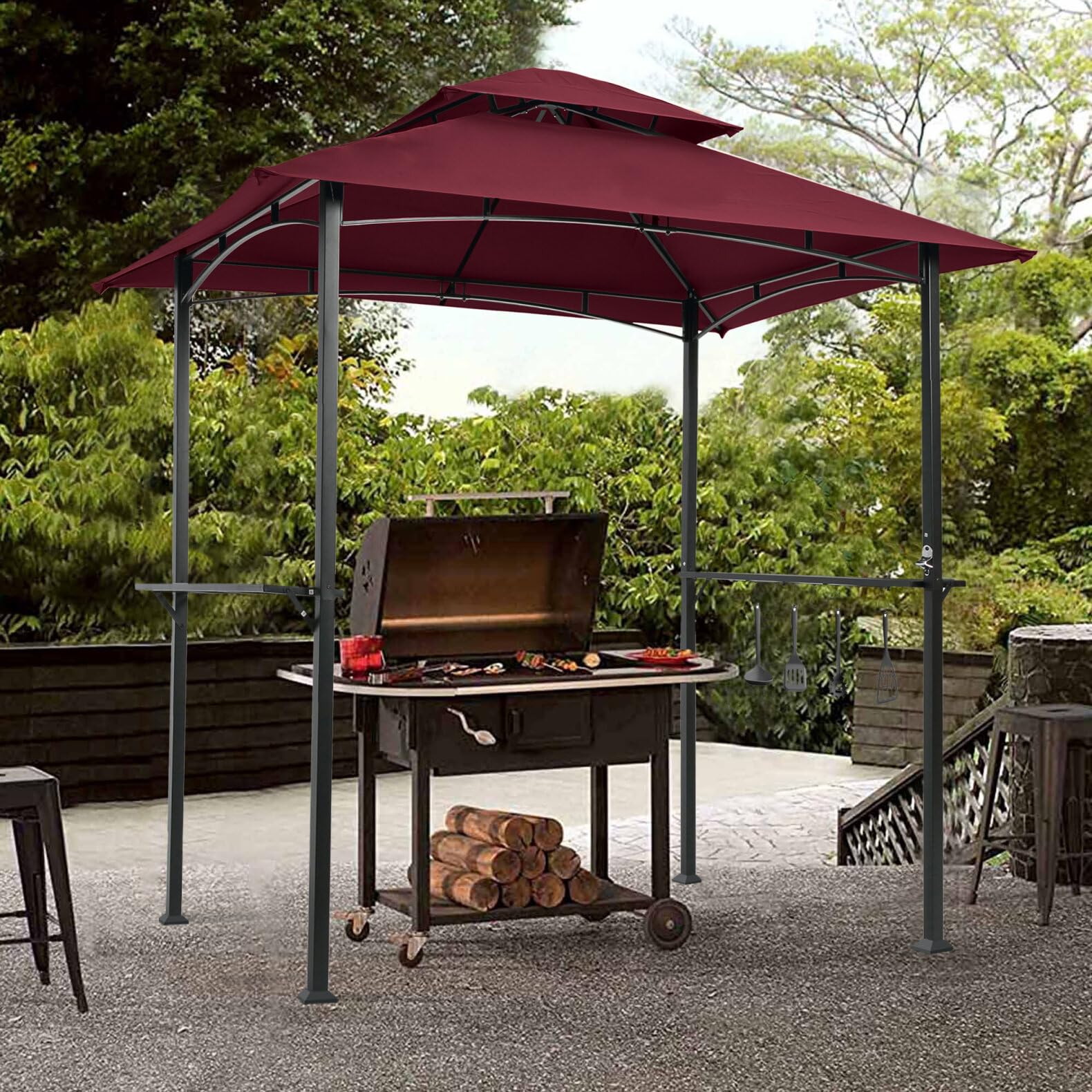 8 x 5 Outdoor Grill Gazebo, Double Tier Grill Canopy with Shelves and Hook, UV Resistant and Waterproof Fabric Grill Awning for Barbecue and Picnic, Burgundy