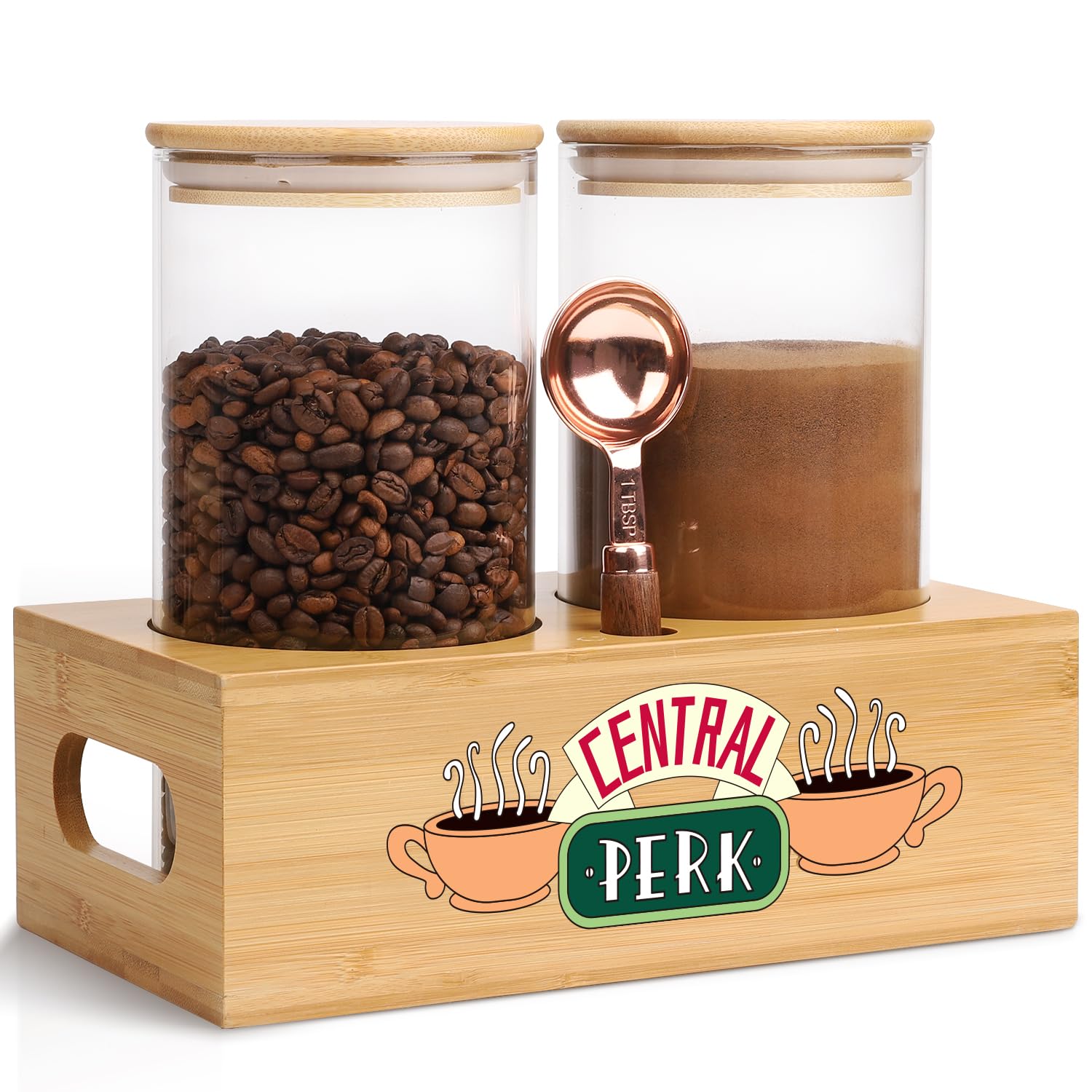 Friends Glass Coffee Container for Ground Coffee, Friends TV Show Merchandise Coffee Canister Set with Shelf, 2PCS 49 Oz Coffee Bean Storage Jar with Scoop, Friends TV Show Decor Gifts for Coffee Bar