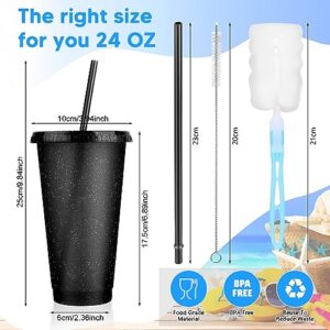 Reusable Cups with Lids and Straws,Plastic Tumblers with Lids and Straws Glitter Iced Coffee Travel Mug Cups for Party Flamingo,Christmas Birthday Party,Cups Friend Gifts,24 Oz,24 Pcs Black Color