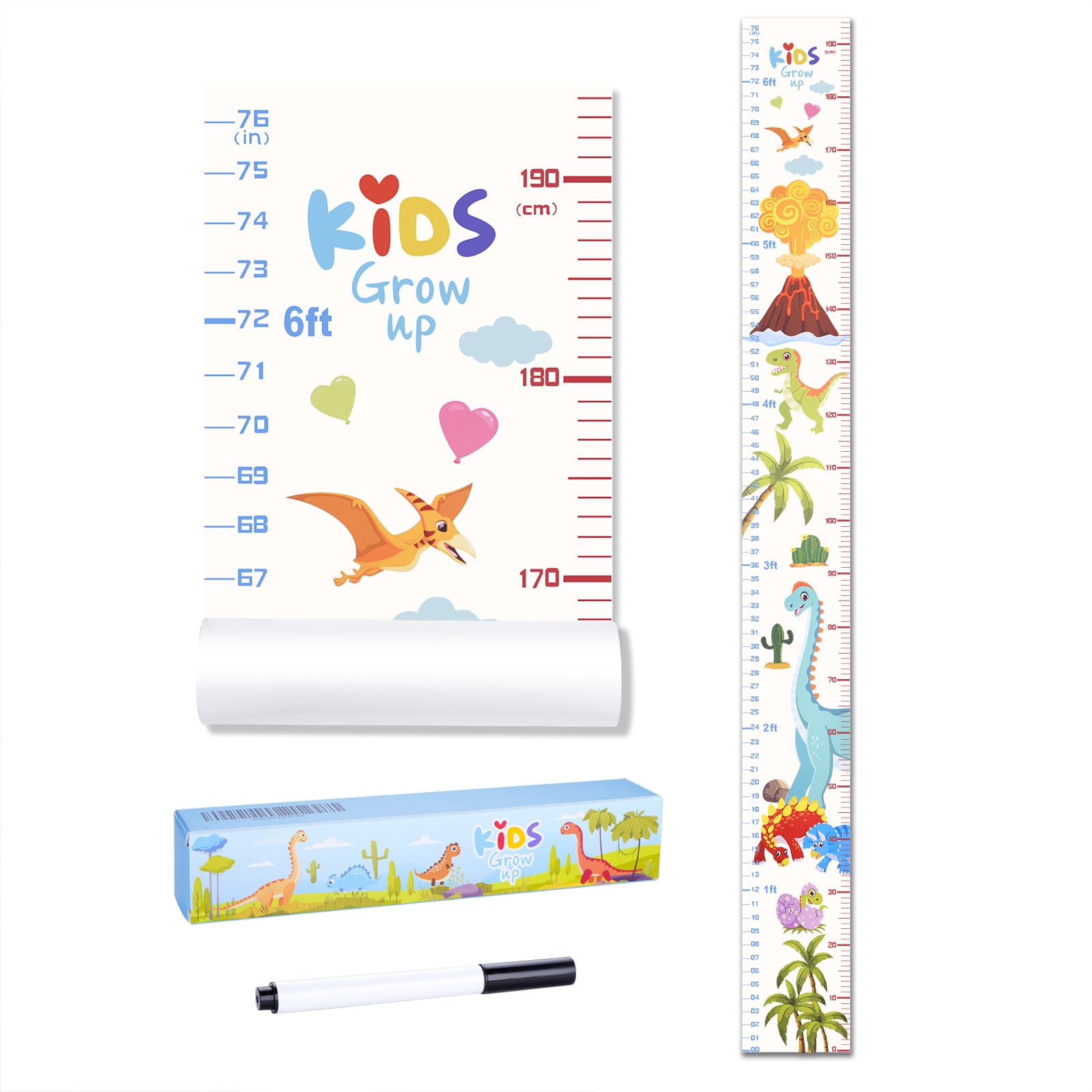 Eichzer Baby Height Growth Chart, Premium Handing Ruler Home Nursery Wall Decor for Kids, 76" x 8" Growth Tracker for Children Height Record, Boys & Girls Playroom Decoration Sticker (Dinosaur)