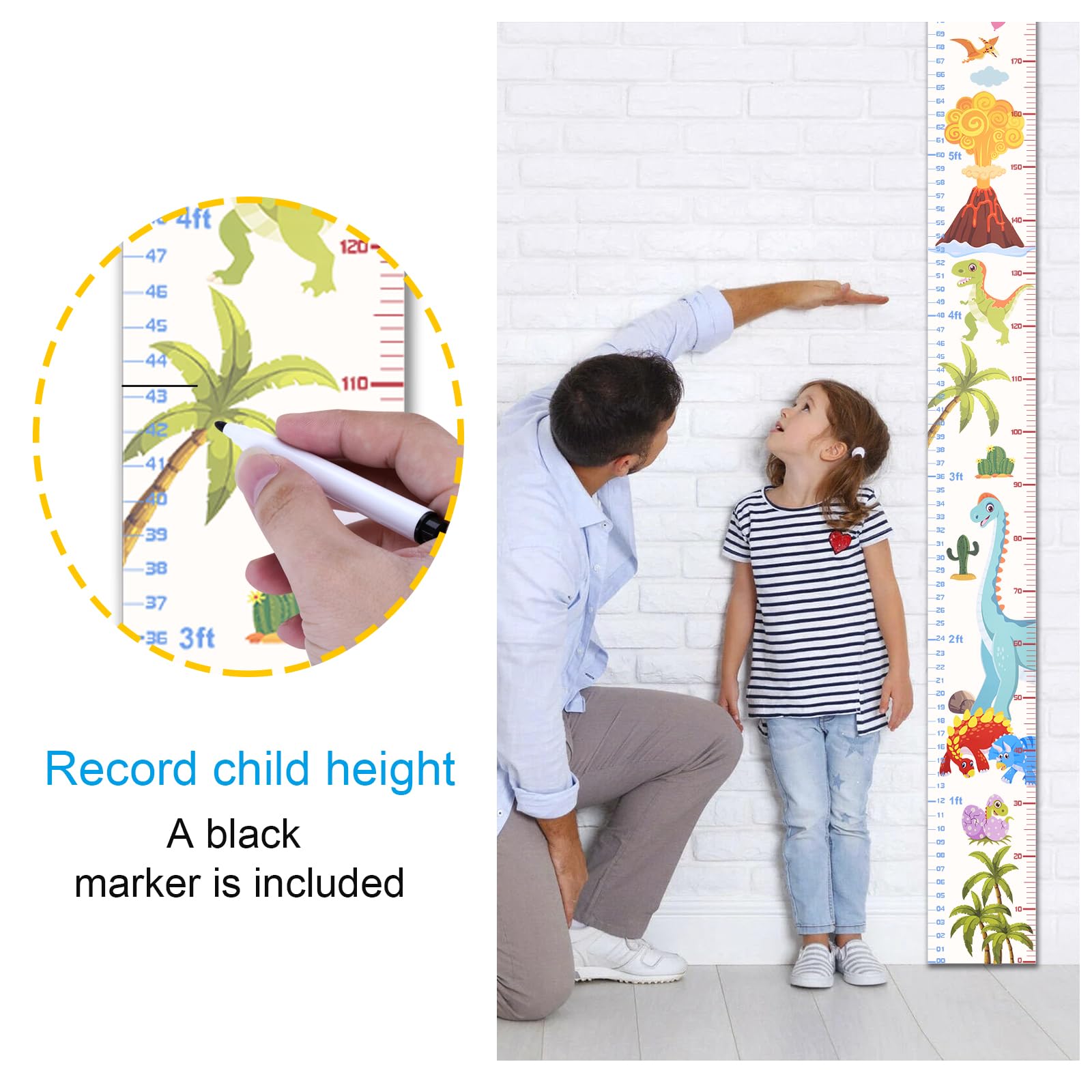 Eichzer Baby Height Growth Chart, Premium Handing Ruler Home Nursery Wall Decor for Kids, 76" x 8" Growth Tracker for Children Height Record, Boys & Girls Playroom Decoration Sticker (Dinosaur)