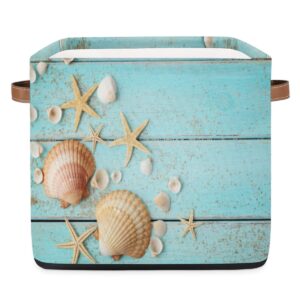 Summer Seashells Cube Storage Baskets Fabric Seashells Border on Sand Storage Bins Boxes Collapsible Organizer Bin with Handles for Shelves,Toys, Towels, Closet,Shelf Basket