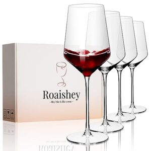 roaishey wine glasses set of 4 red or white wine glasses lead-free crystal wine glasses with long stem hand blown bordeaux glasses for cabernet, wedding, house warming, anniversary (15.5oz)