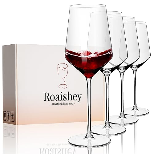 Roaishey Wine Glasses Set of 4 Red or White Wine Glasses Lead-Free Crystal Wine Glasses with Long Stem Hand Blown Bordeaux Glasses for Cabernet, Wedding, House Warming, Anniversary (15.5oz)