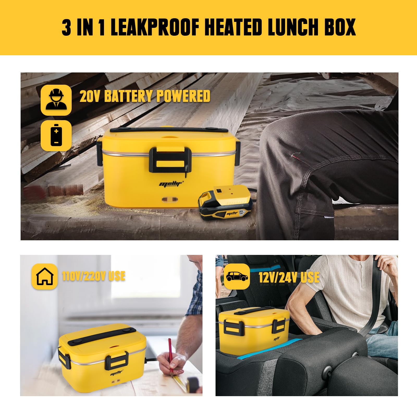 Mellif Electric Lunch Box Food Warmer Heater for Dewalt 20V Max Battery (Battery Not Included),12V 24V Heated Lunch Boxes for Adults for Car/Truck