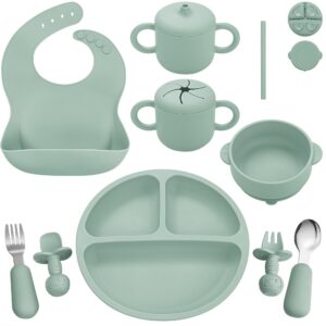 bufims silicone baby feeding set, baby led weaning supplies, eating essentials utensils with suction plate and bowl, pocket bib, sippy cup with lid, forks spoons snack container, for 6+ months, green