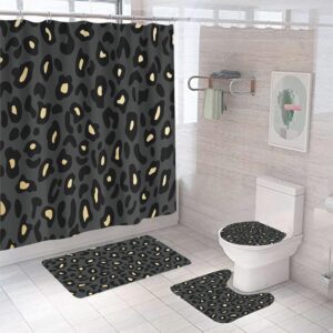 mightree bathroom shower curtains 4 pcs sets, waterproof fabric bathroom curtain with 12 hooks, toilet lid cover and bath mat, non-slip rug foot mat, shower curtain and rug set, black, large