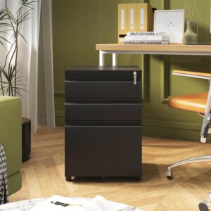 Approgreent 3 Drawer File Cabinet for Home Office, Under Desk Mobile Filing Cabinet with Lock for A4-Size/Letter-Size/Legal-Size, Fully Assembled Except Casters, Black