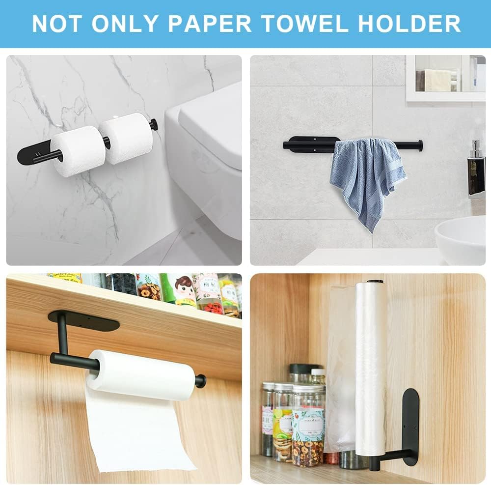 Amazing Goods Paper Towel Holder Under Cabinet Mount, Paper Towels Rolls for Kitchen, Adhesive Wall Mount Paper Towel Holders Fits All Roll Sizes, No Drilling, Silver (Black)