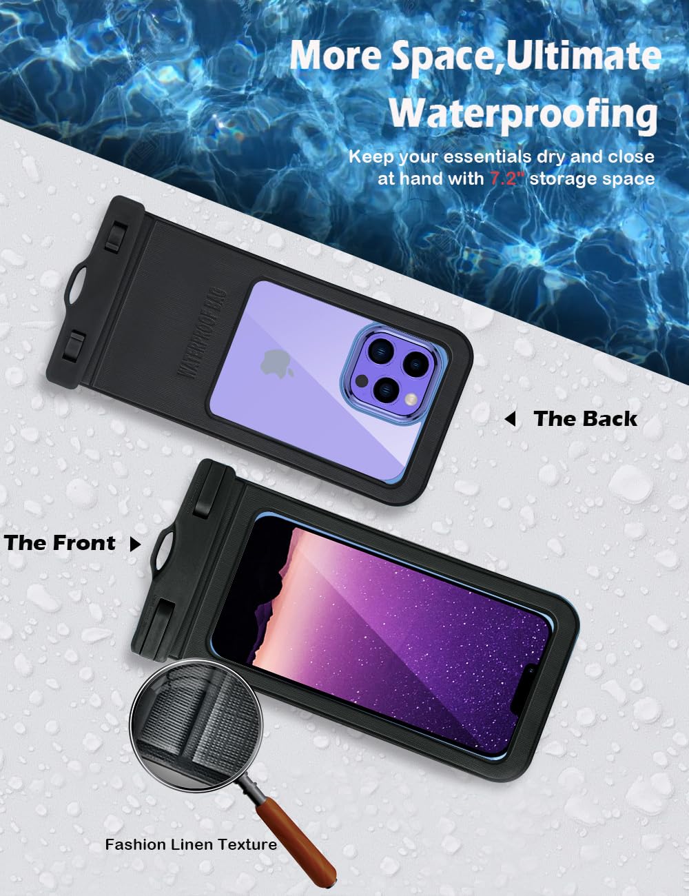 KUXNGUYI Waterproof Phone Pouch [2-Pack with Lanyard],Universal IPX8 Diving Grade Underwater Case,HD Touch Large Cellphone Protector Waterproof Dry Bag Up to 7.2"