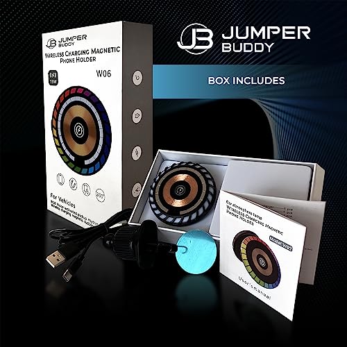 JUMPER BUDDY for MagSafe Magnetic Phone Mount Wireless Charger | Music Reactive Lights - Car Cell Phone Holder | Car Mount Universal Air Vent Clip Car Charger for iPhone 15/14/13/12, 360° Rotation