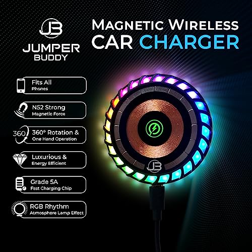 JUMPER BUDDY for MagSafe Magnetic Phone Mount Wireless Charger | Music Reactive Lights - Car Cell Phone Holder | Car Mount Universal Air Vent Clip Car Charger for iPhone 15/14/13/12, 360° Rotation