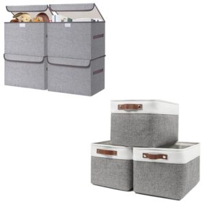 bagnizer fabric storage bin with lids 14.6 x 9.5 x 9.5” [4 pack] + linen storage basket 15 x 11 x 9.5” [3 pack] (white&grey)