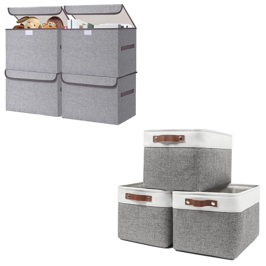 Bagnizer Fabric Storage Bin with Lids 14.6 x 9.5 x 9.5” [4 pack] + Linen Storage Basket 15 x 11 x 9.5” [3 pack] (White&Grey)