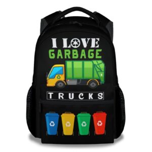 mercuryelf i love garbage trucks backpack for student - 16 inch black backpacks for school - cool lightweight bookbag for kids