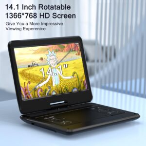 16.9" Portable DVD Player with 14.1" Large HD Screen, 4-6 Hours Rechargeable Battery, Car DVD Player,Regions Free,Dual Speakers, Support CD/DVD/SD Card/USB,[Not Support Blu-Ray]…