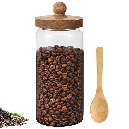 Patoper Glass Coffee Jars with Spoons 40oz /1200ml,Clear Storage Canister with Wooden Lid Round Glass Food Jar for Pantry Sugar Tea Coffee Bean Spice Nuts (Bead Lid-40oz-1 PACK)