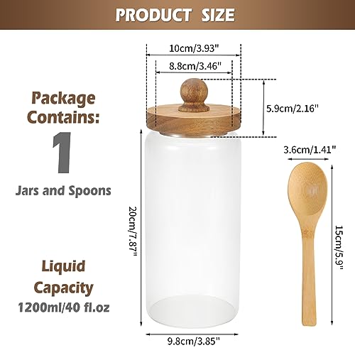 Patoper Glass Coffee Jars with Spoons 40oz /1200ml,Clear Storage Canister with Wooden Lid Round Glass Food Jar for Pantry Sugar Tea Coffee Bean Spice Nuts (Bead Lid-40oz-1 PACK)