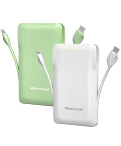 metecsmart 2 pack10000mah portable phone charger with built in 2 cables, small slim mini power bank fast charging, usb-c input/output external battery pack compatible with iphone, android, and ipad
