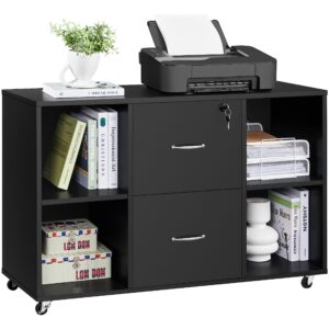 yaheetech black file cabinet large mobile storage lateral filing cabinet with 2 drawer and 4 open compartments,for letter size a4 size, printer stand for home office, black