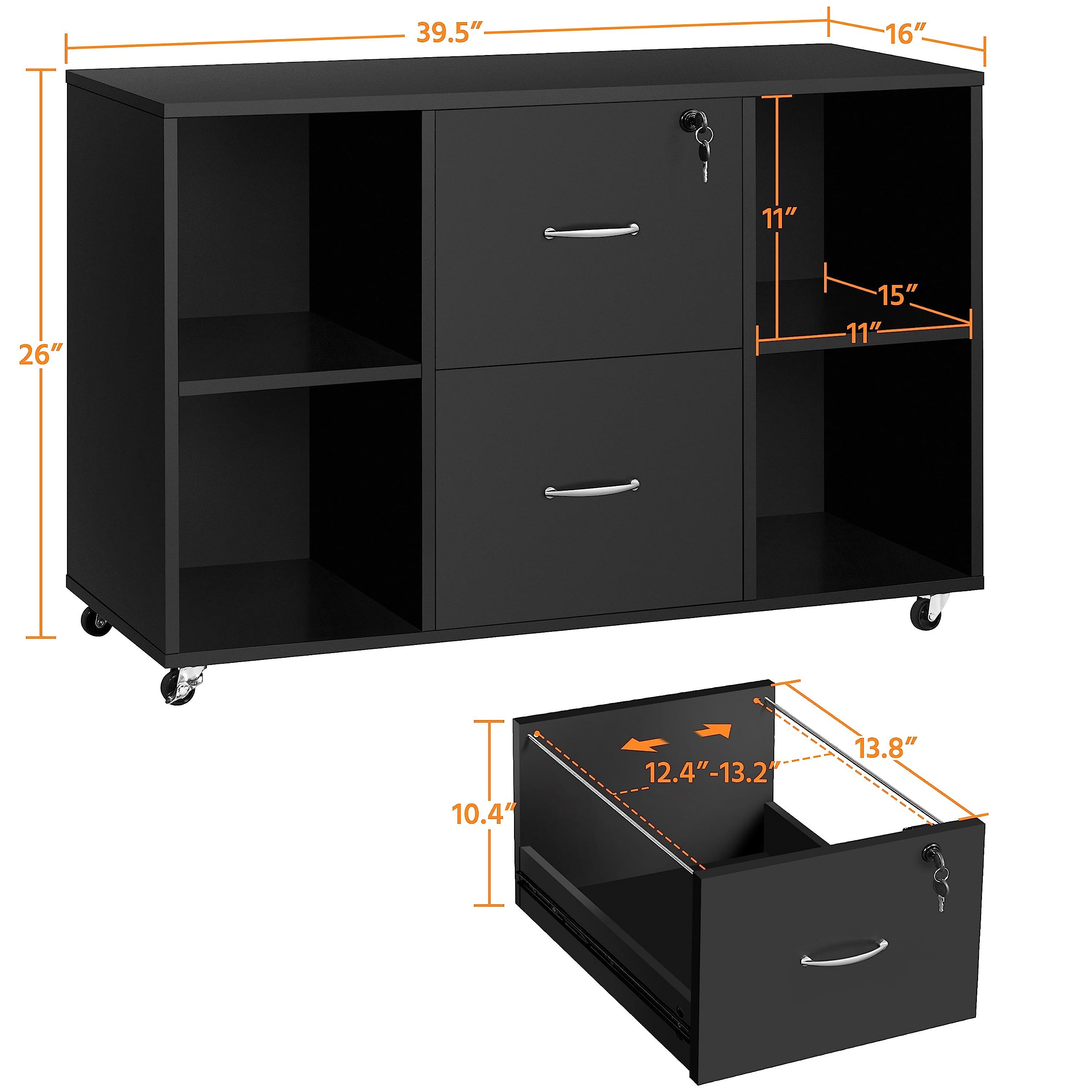 Yaheetech Black File Cabinet Large Mobile Storage Lateral Filing Cabinet with 2 Drawer and 4 Open Compartments,for Letter Size A4 Size, Printer Stand for Home Office, Black