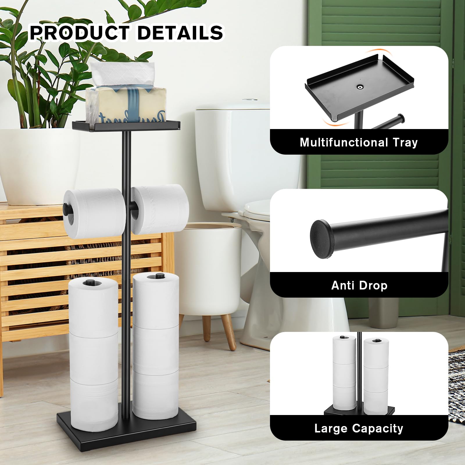 Standing Toilet Paper Holder, Free-Standing Toilet Paper Stand for 8 Mega Rolls, Metal Tissue Storage Shelf for Bathroom