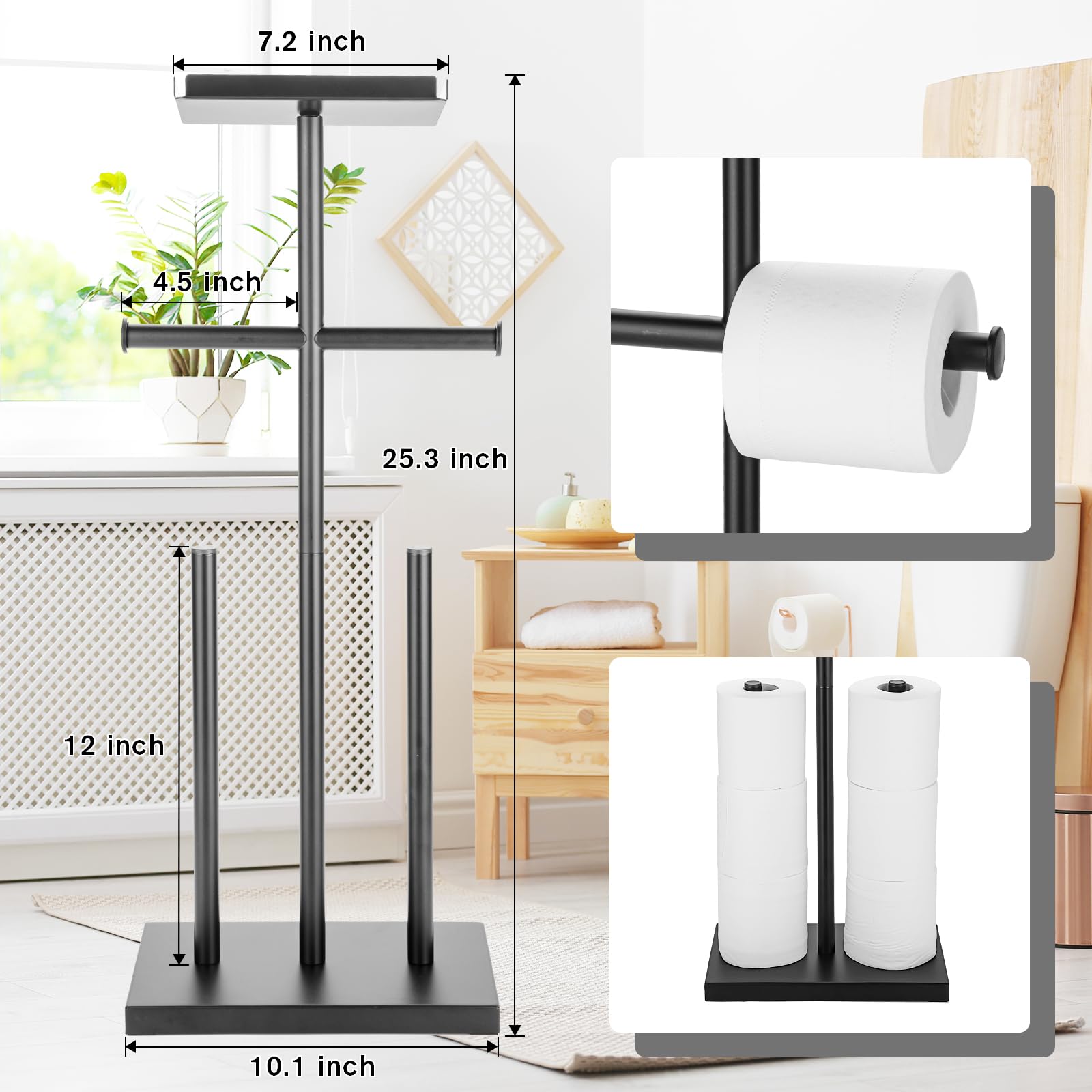 Standing Toilet Paper Holder, Free-Standing Toilet Paper Stand for 8 Mega Rolls, Metal Tissue Storage Shelf for Bathroom