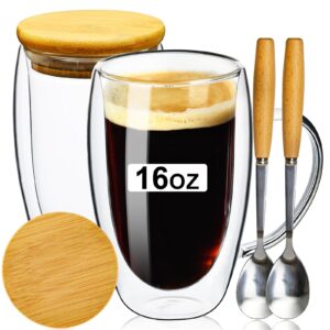 paracity double wall glass coffee mugs 16oz with bamboo lid/spoon, glass coffee cups set of 2 with handle, insulated clear coffee mug, perfect for latte, cappuccino, espresso, hot beverage, tea