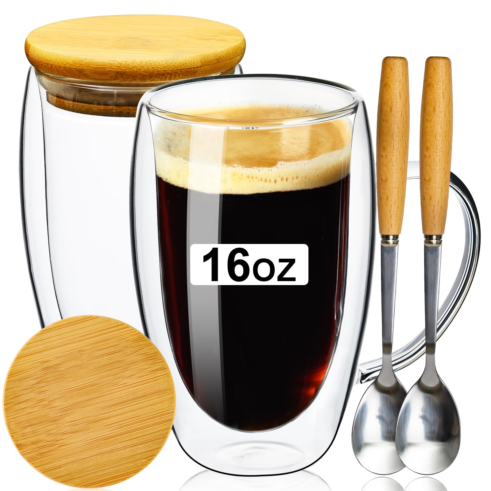 PARACITY Double Wall Glass Coffee Mugs 16OZ with Bamboo Lid/Spoon, Glass Coffee Cups Set of 2 with Handle, Insulated Clear Coffee Mug, Perfect for Latte, Cappuccino, Espresso, Hot Beverage, Tea