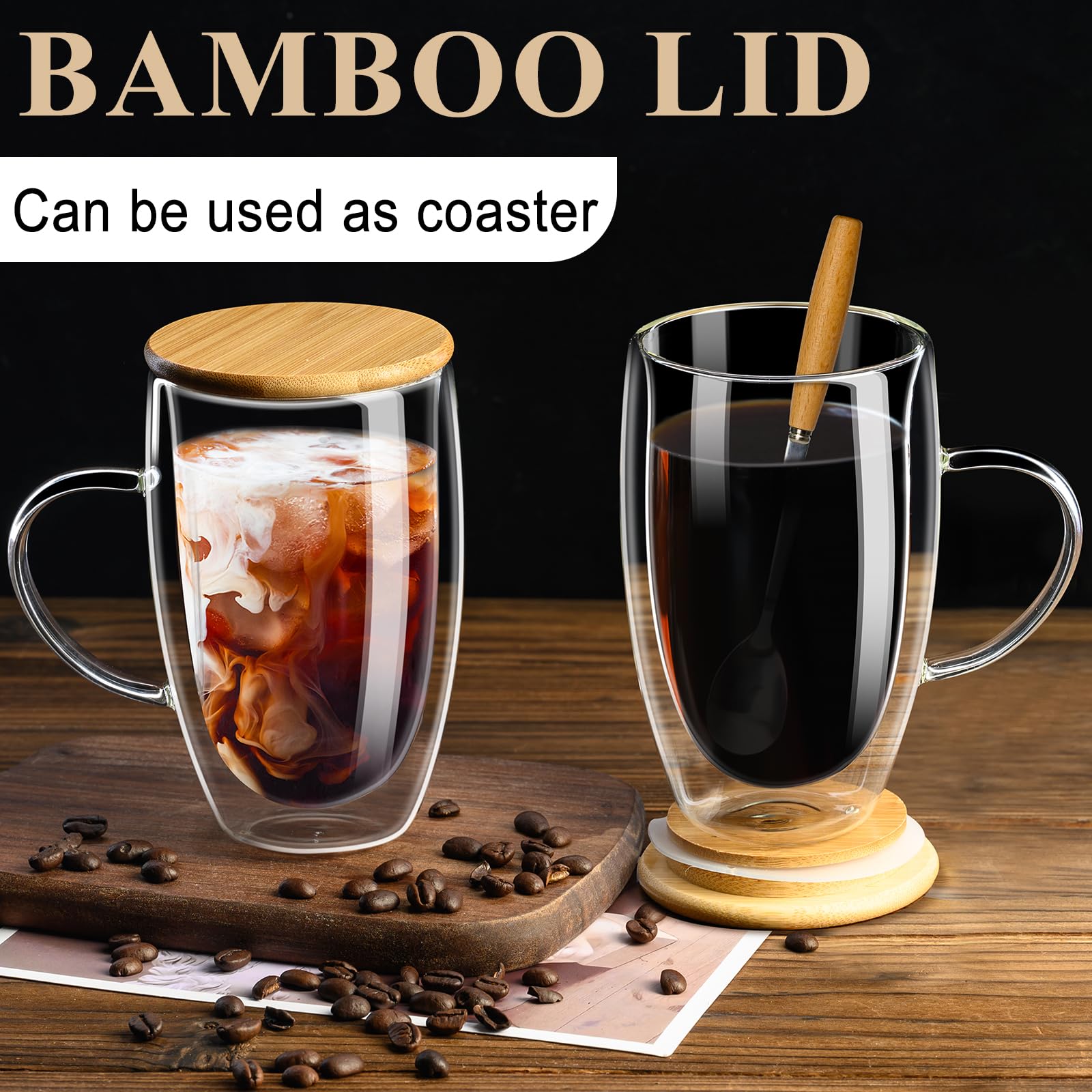 PARACITY Double Wall Glass Coffee Mugs 16OZ with Bamboo Lid/Spoon, Glass Coffee Cups Set of 2 with Handle, Insulated Clear Coffee Mug, Perfect for Latte, Cappuccino, Espresso, Hot Beverage, Tea