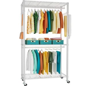 futassi heavy duty garment rack, 3 tiers adjustable rolling metal closet organizer with lockable wheels, free-standing wardrobe with double hanger rods & 1 pair hooks, max load 450 lbs, white