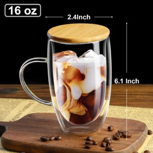 PARACITY Double Wall Glass Coffee Mugs 16OZ with Bamboo Lid/Spoon, Glass Coffee Cups Set of 2 with Handle, Insulated Clear Coffee Mug, Perfect for Latte, Cappuccino, Espresso, Hot Beverage, Tea