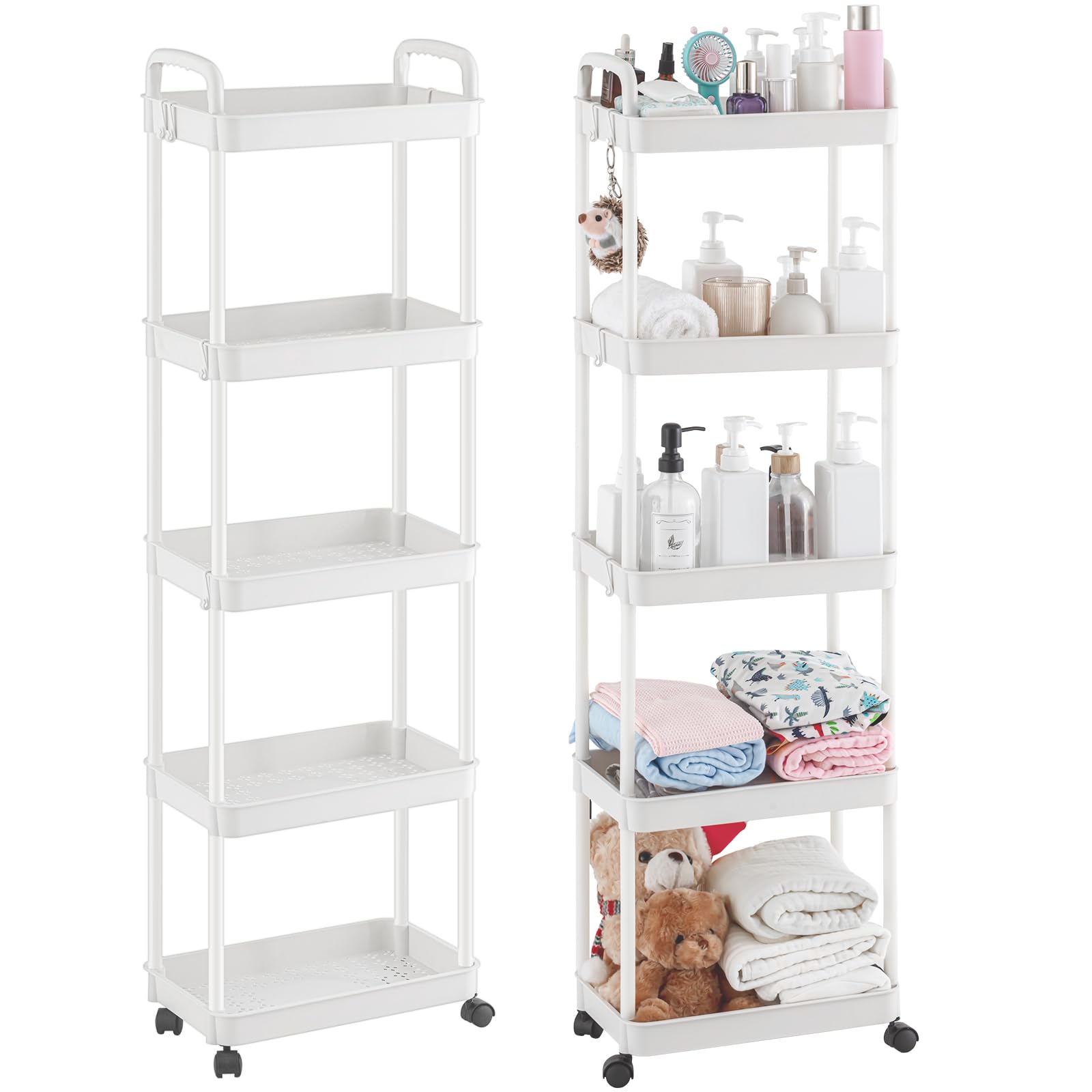 Kigley 2 Pack 5-Tier Rolling Utility Cart with Handle, Multifunction Plastic Storage Cart with Wheels Movable Bookshelf Easy Assemble Cart Storage Trolley for Office Kitchen Bedroom