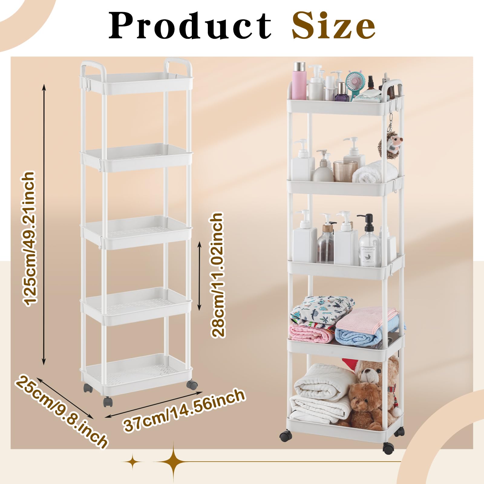 Kigley 2 Pack 5-Tier Rolling Utility Cart with Handle, Multifunction Plastic Storage Cart with Wheels Movable Bookshelf Easy Assemble Cart Storage Trolley for Office Kitchen Bedroom