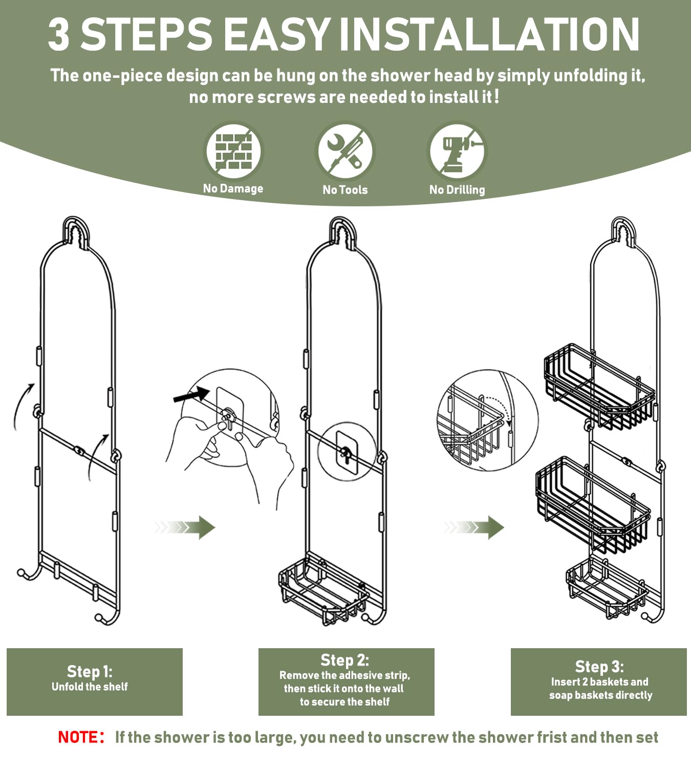 WXCGX Hanging Shower Caddy Over Shower Head Organizer: Stainless Rustproof Bathroom Shower Storage Rack Basket with Soap Holder, Hooks - Large Capacity Shower Shelf for Shampoo, Conditioner, Body Wash