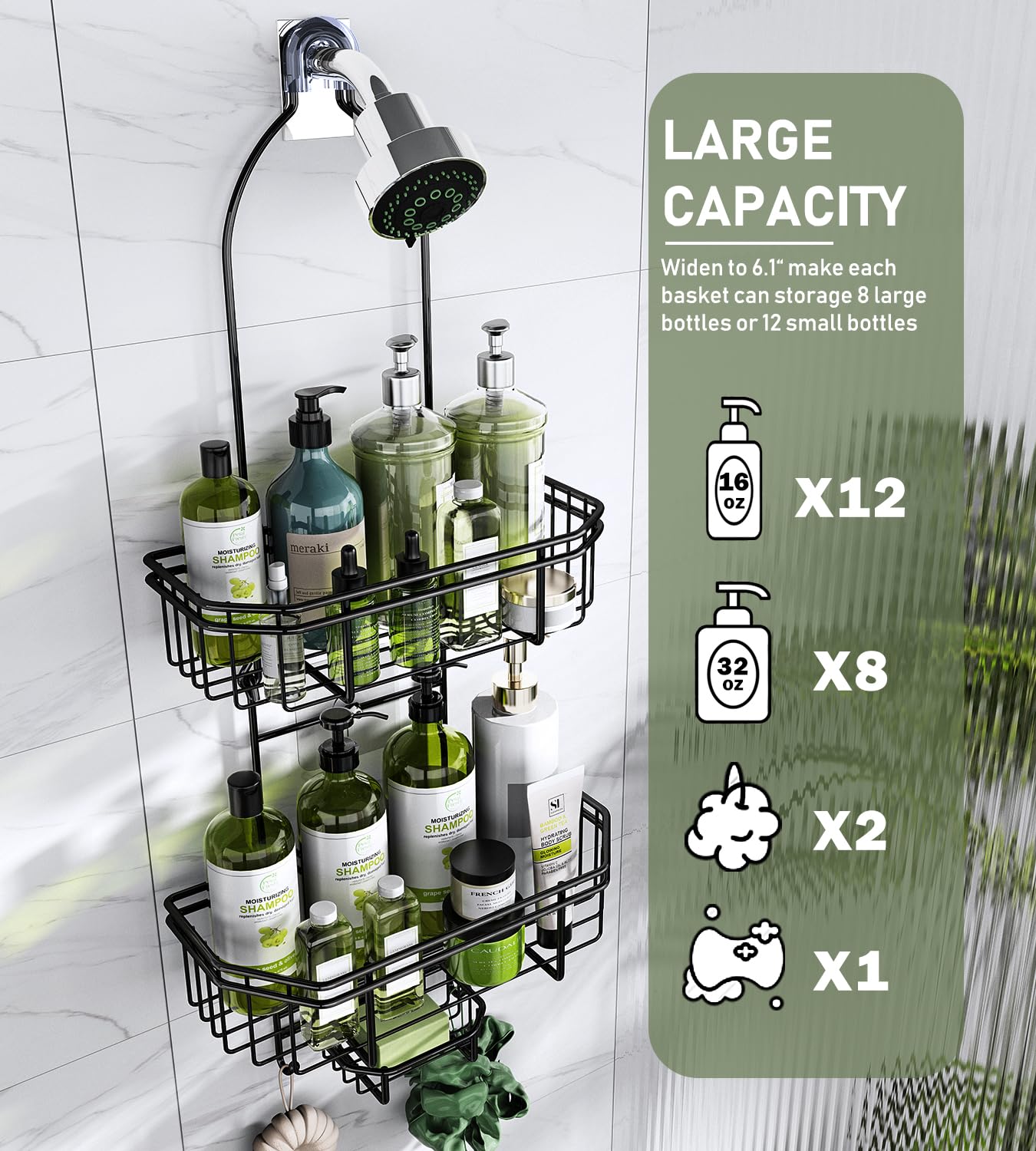 WXCGX Hanging Shower Caddy Over Shower Head Organizer: Stainless Rustproof Bathroom Shower Storage Rack Basket with Soap Holder, Hooks - Large Capacity Shower Shelf for Shampoo, Conditioner, Body Wash