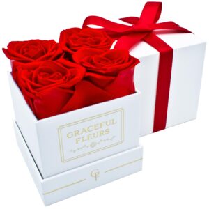 graceful fleurs | real roses that lasts for years | preserved fresh flowers for delivery prime birthday | mothers day flowers gifts | forever roses in a box (red, white box, 4 roses)