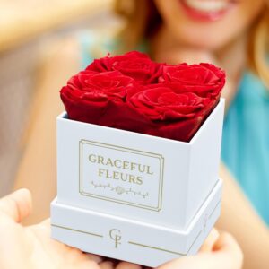 Graceful Fleurs | Real Roses That Lasts for Years | Preserved Fresh Flowers for Delivery Prime Birthday | Mothers Day Flowers Gifts | Forever Roses in a Box (Red, White Box, 4 Roses)