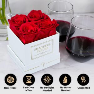 Graceful Fleurs | Real Roses That Lasts for Years | Preserved Fresh Flowers for Delivery Prime Birthday | Mothers Day Flowers Gifts | Forever Roses in a Box (Red, White Box, 4 Roses)