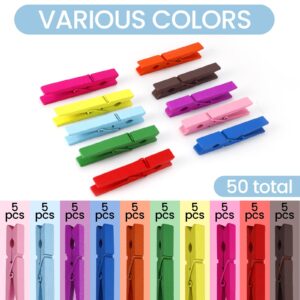 50PCS Colored Wooden Clothespins, 2.9inch 10 Color Clothes Pins for Clip Pictures Photos Decorative, Small Colorful Wood Decoration Closepins Clips,10 Color Each 5Pcs (Colored)