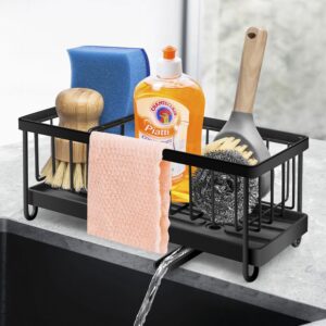 ksev sink caddy with adjustable auto spout drain pan, (stainless steel rustproof) kitchen countertop sink organizer rack storage holder with divider for countertop sponge soap brush dispenser (black)