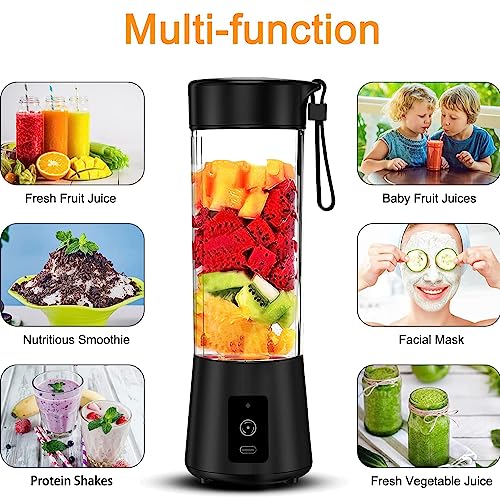 Portable Blender, Blender for Shakes and Smoothies, Personal Blender, Mini Shakes Juicer Cup 380ml USB Rechargeable with 6 Stainless Steel Blades for Kitchen,Sport and Travel, Black