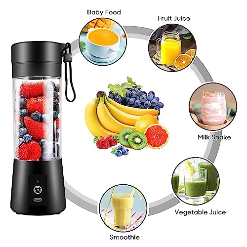 Portable Blender, Blender for Shakes and Smoothies, Personal Blender, Mini Shakes Juicer Cup 380ml USB Rechargeable with 6 Stainless Steel Blades for Kitchen,Sport and Travel, Black