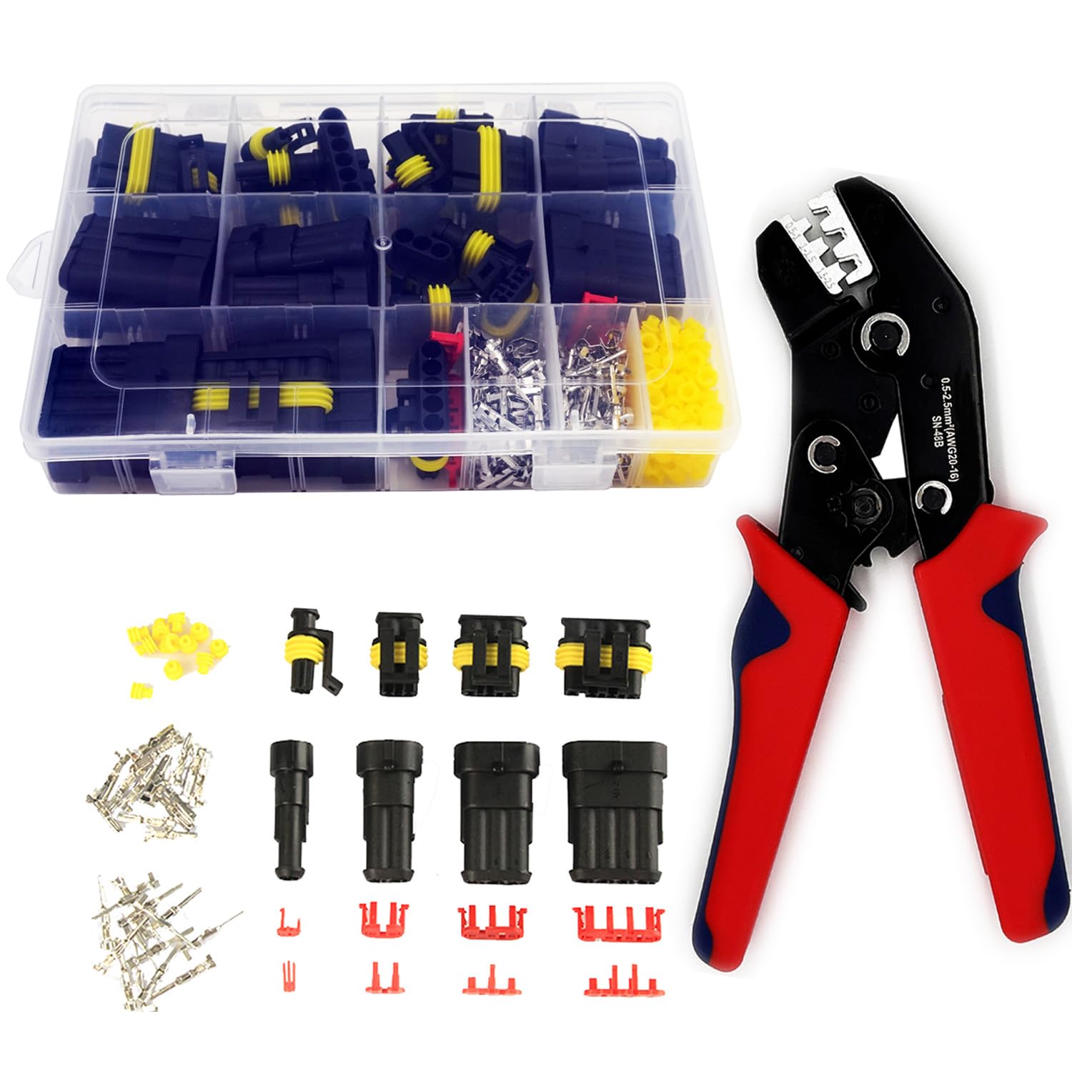 Twippo 352Pcs Waterproof Electrical Connector Terminals Automotive Electrical Wire Connectors 1/2/3/4 Pin Connector with Ratchet Crimping Tool