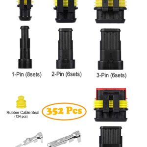 Twippo 352Pcs Waterproof Electrical Connector Terminals Automotive Electrical Wire Connectors 1/2/3/4 Pin Connector with Ratchet Crimping Tool