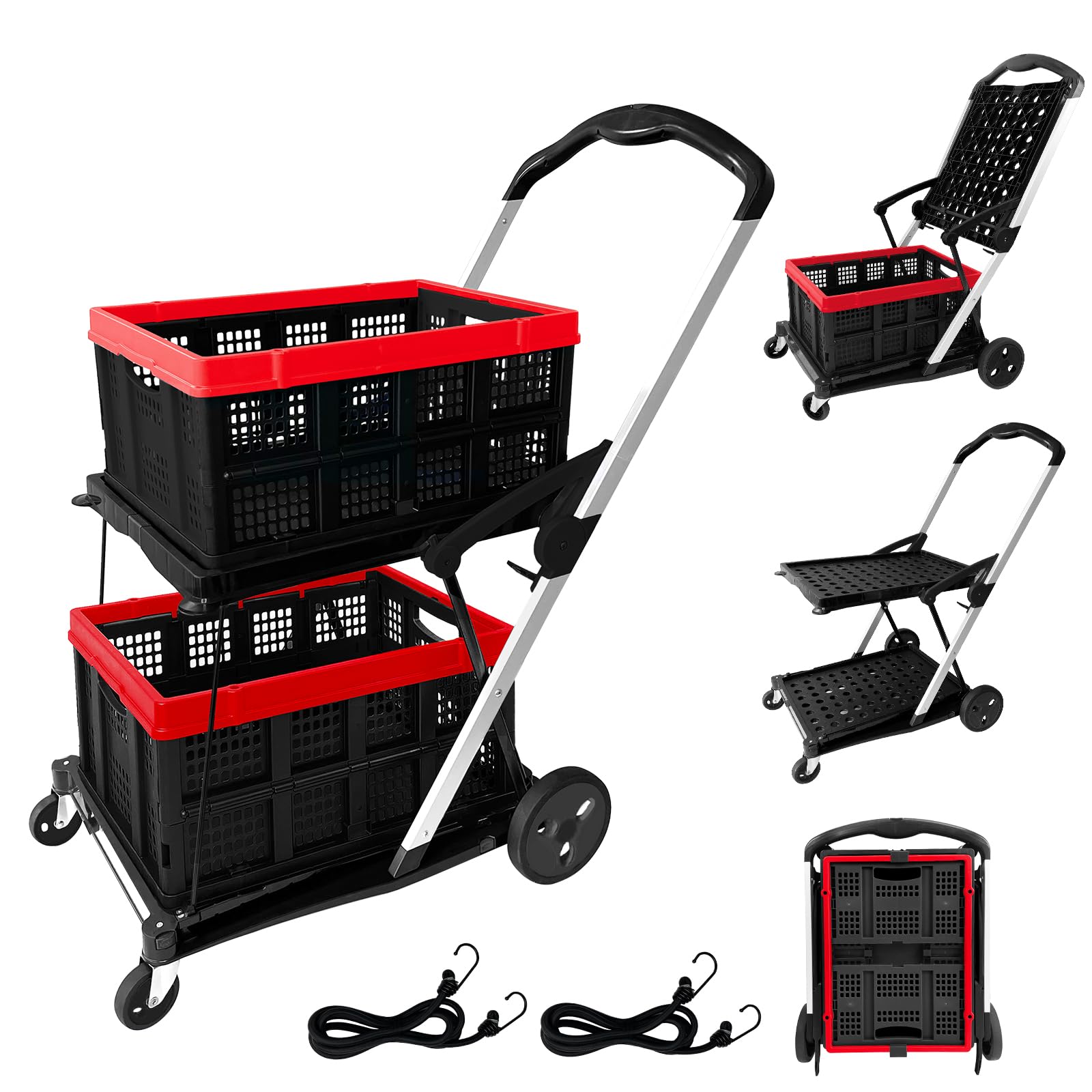 Collapsible Shopping Carts with Crates for Groceries (Black-198lbs)