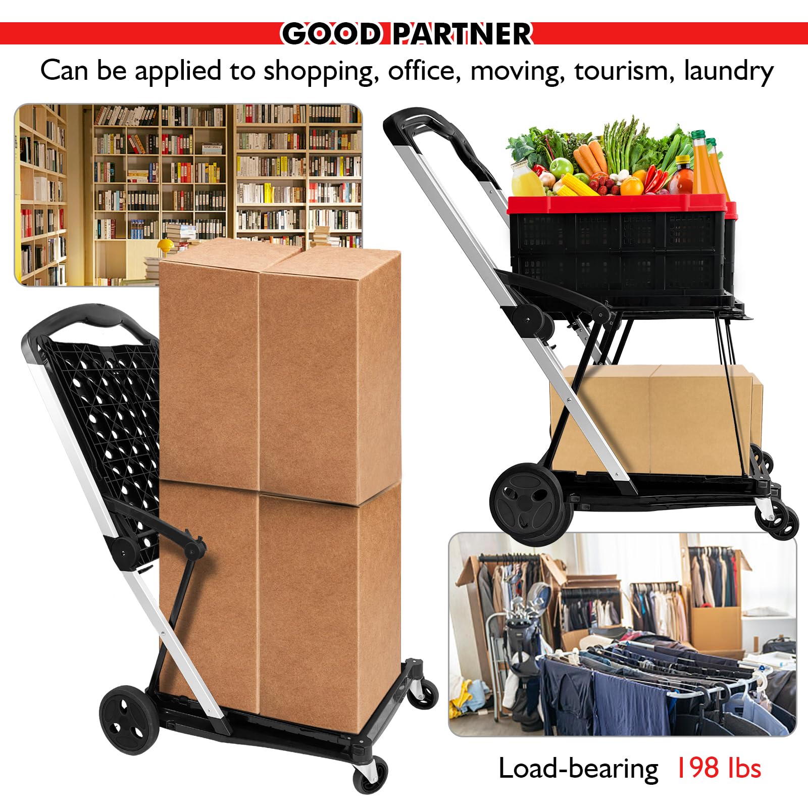 Collapsible Shopping Carts with Crates for Groceries (Black-198lbs)